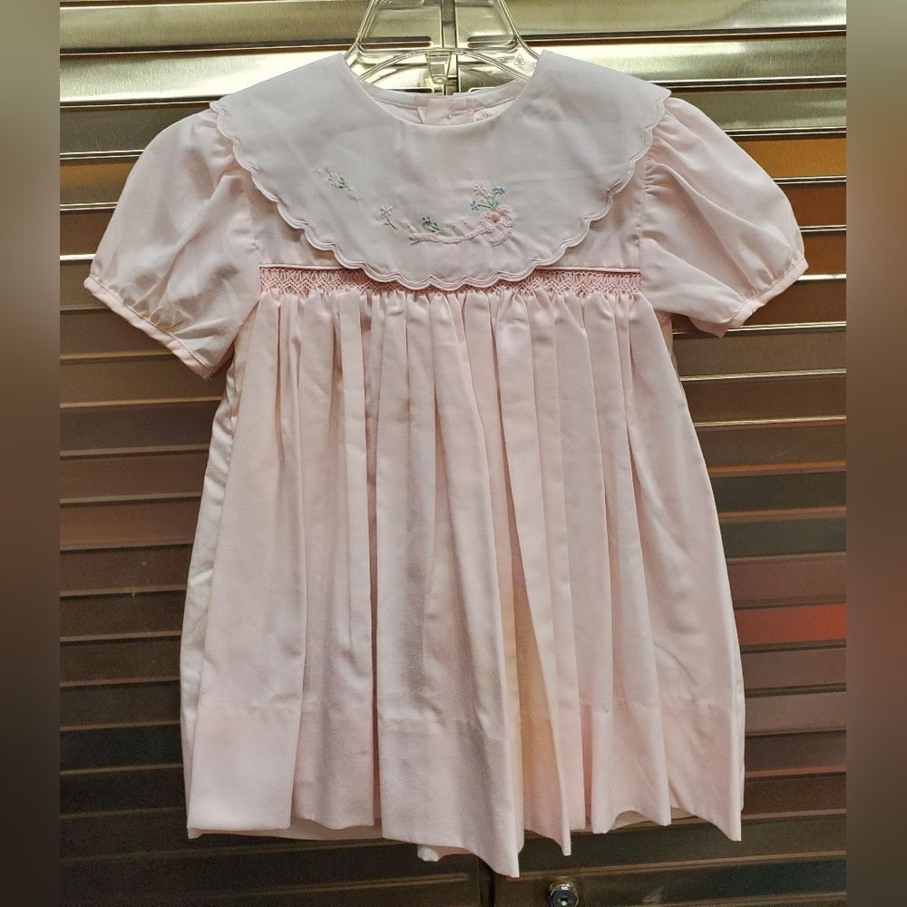 Vintage 90's Petit Ami Pink Pleated Smocked Dress with Scalloped Collar 6M